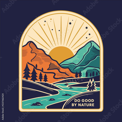 A poster with a mountain range and a river with the words "Do Good by Nature" written in the center