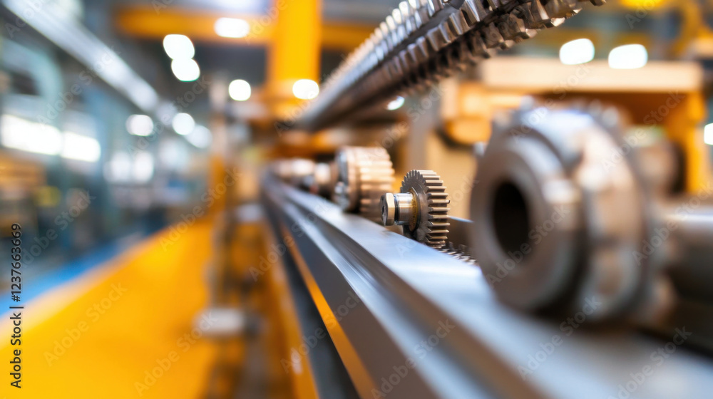 Obraz premium Close up of gears and moving components in heavy duty machinery setting, showcasing intricate details and industrial design. image conveys sense of precision and engineering excellence