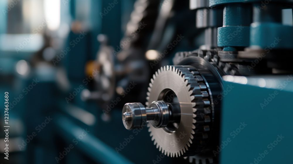 Close up of gears and moving components in heavy duty machine, showcasing intricate details and mechanical precision. image captures essence of engineering and industrial design Close up of gears and moving components in heavy duty machine, showcasing intricate details and mechanical precision. image captures essence of engineering and industrial design