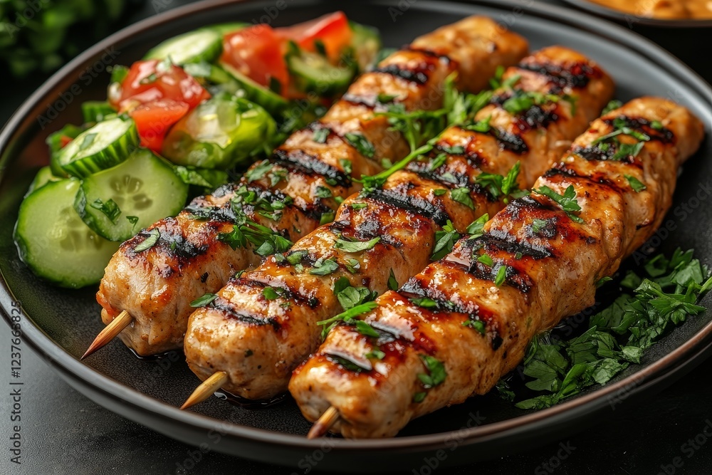 Grilled chicken skewers, cucumber salad, dark plate Grilled chicken skewers, cucumber salad, dark plate