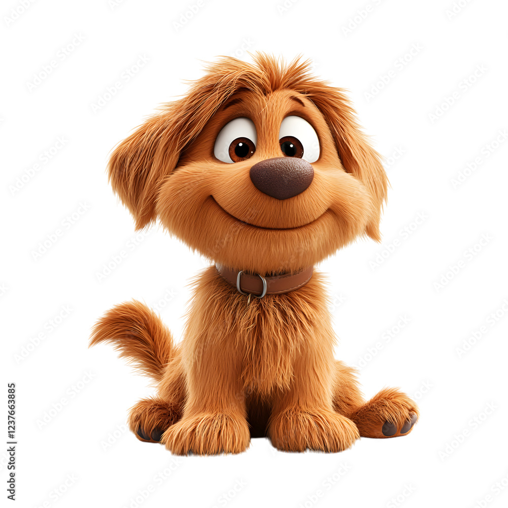 Obraz premium Fluffy 3D Cartoon Dog with Floppy Ears Sitting Down Isolated on Transparent Background