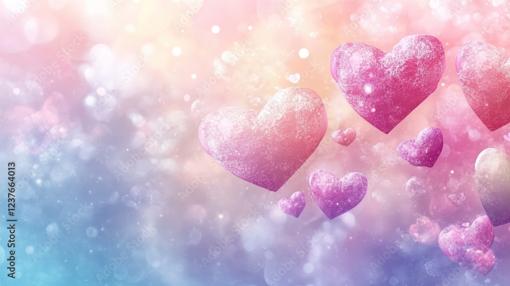 Obraz premium Sparkling hearts float in pastel sky; romantic background