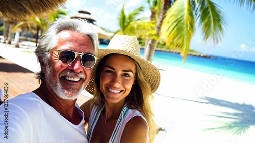 Wallpaper Mural Happy Old wealthy rich man posing with his gorgeous young girlfriend at a luxurious tropical resort taking a selfie looking at the camera	
 Torontodigital.ca