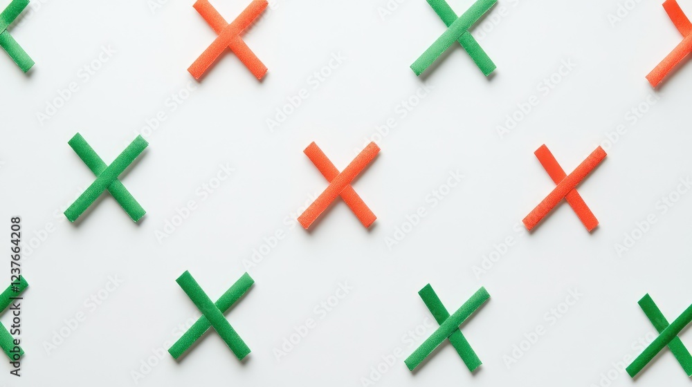 Obraz premium Colorful Cross Patterns with Green and Orange Sticks on a Bright Background for Use in Creative Design and Arts Projects, Beautiful Symmetrical Arrangement