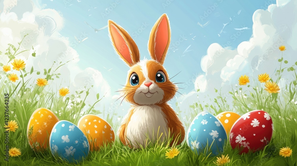 Fototapeta premium Easter bunny sitting in grass with colorful eggs and flowers