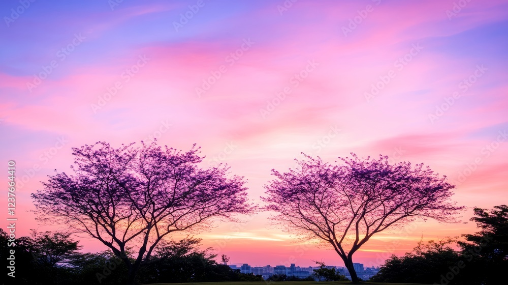 Fototapeta premium Pink Sunset Silhouette Twin Trees at City Edge