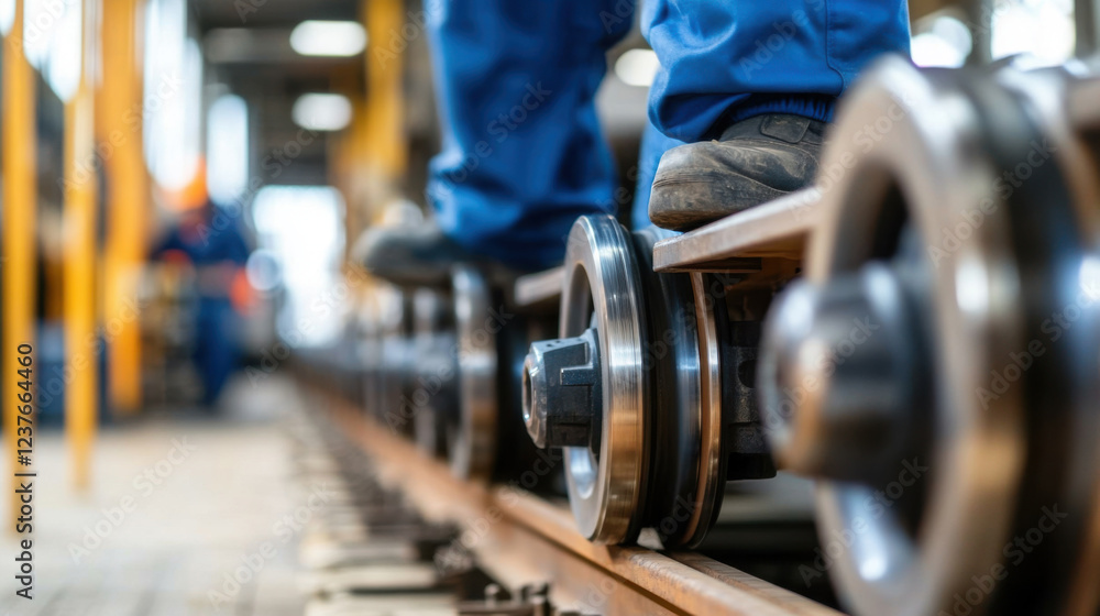 Obraz premium Close up of railway worker inspecting train wheels, showcasing attention to detail and safety in railway industry. environment is industrial and focused on maintenance