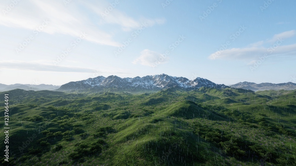 Lush Green Hills and Snowy Mountain Peaks Under a Cloudy Sky