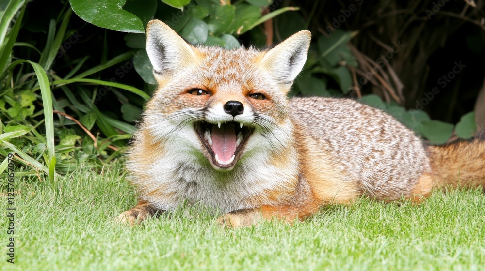 Naklejka premium Playful Red Fox in Garden Setting Smiling Open Mouth