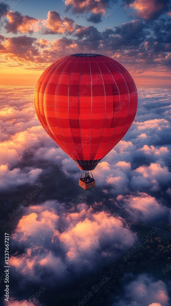 Fototapeta premium Red Hot Air Balloon Soaring Above Clouds at Sunrise