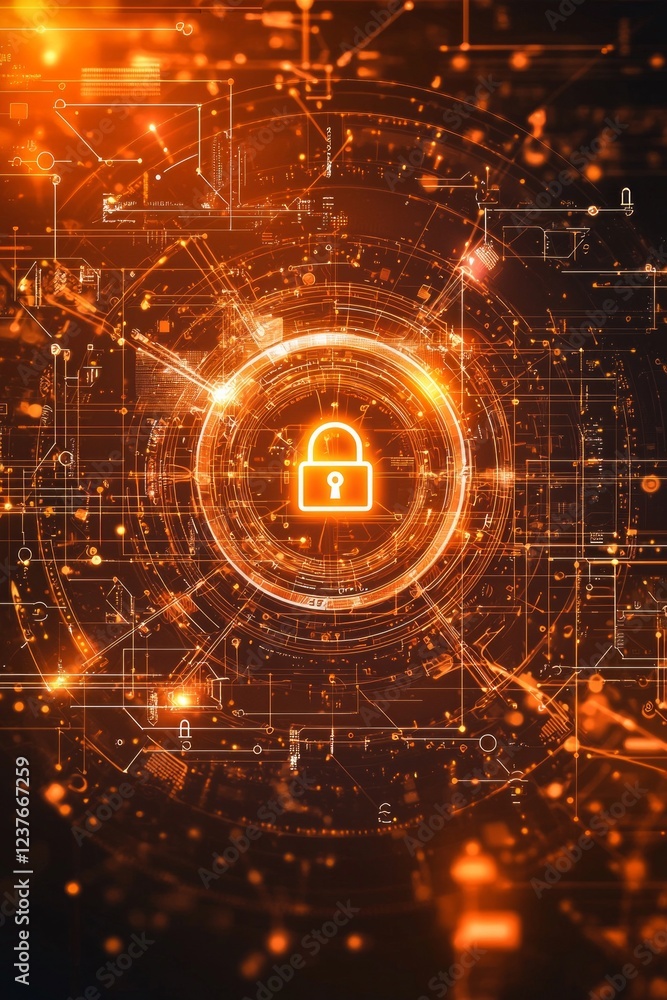 Obraz premium Cybersecurity concept with a digital padlock and data protection symbols on a virtual screen background, with an orange neon light effect