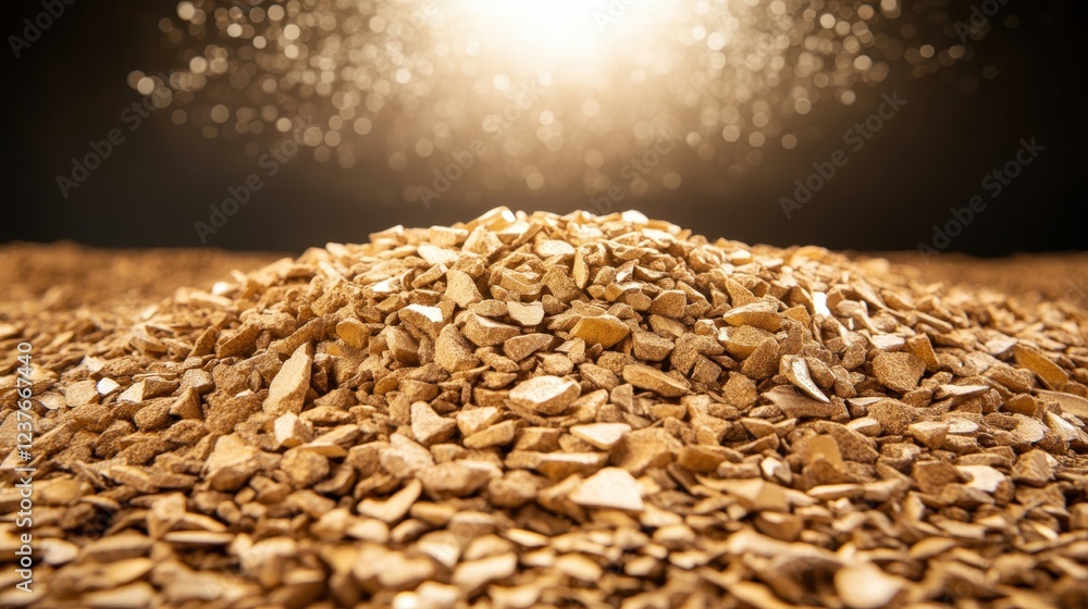 Obraz premium A pile of golden crushed mineral fragments with a sparkling effect, illuminated by warm light against a dark background.