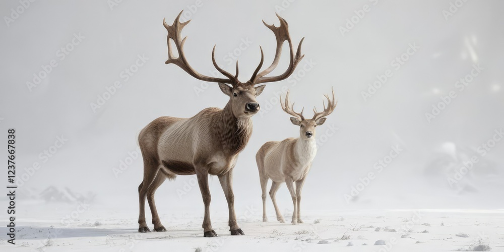 Majestic reindeer with large antlers and regal appearance against a white background, grand, nature Majestic reindeer with large antlers and regal appearance against a white background, grand, nature