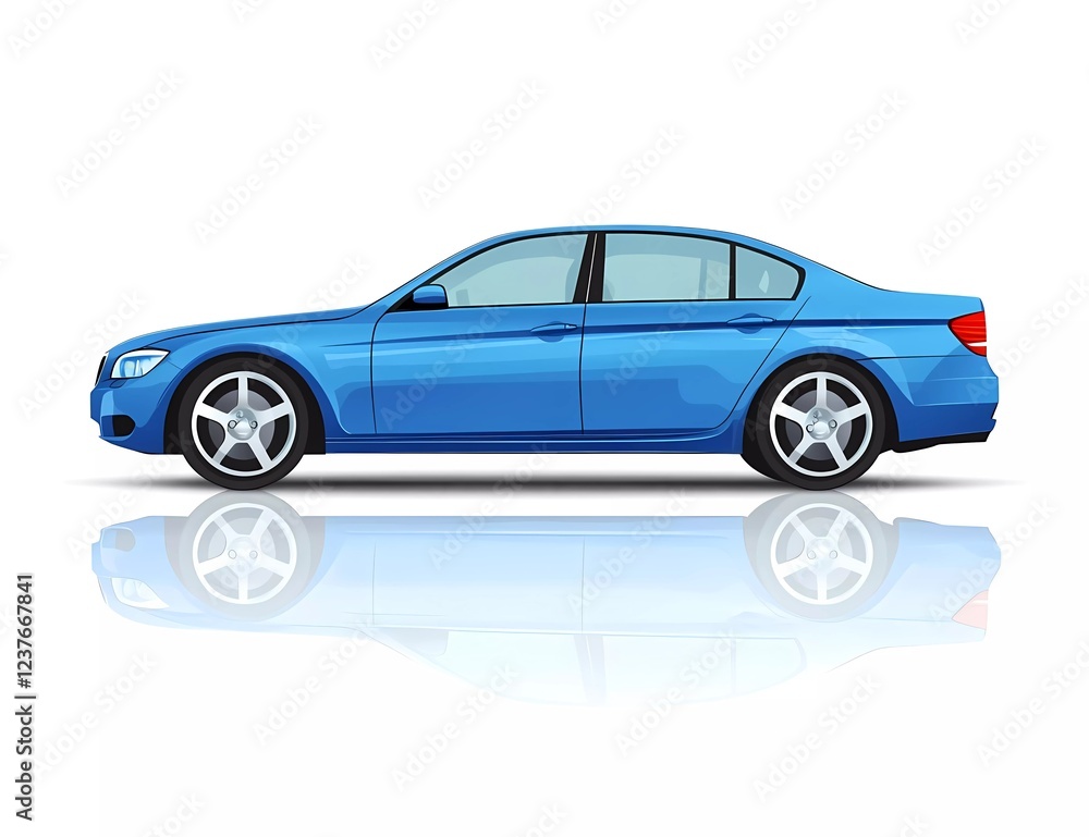Blue car vector illustration on a white background with a reflection, side view of a modern luxury model isolated. Blue car vector illustration on a white background with a reflection, side view of a modern luxury model isolated.