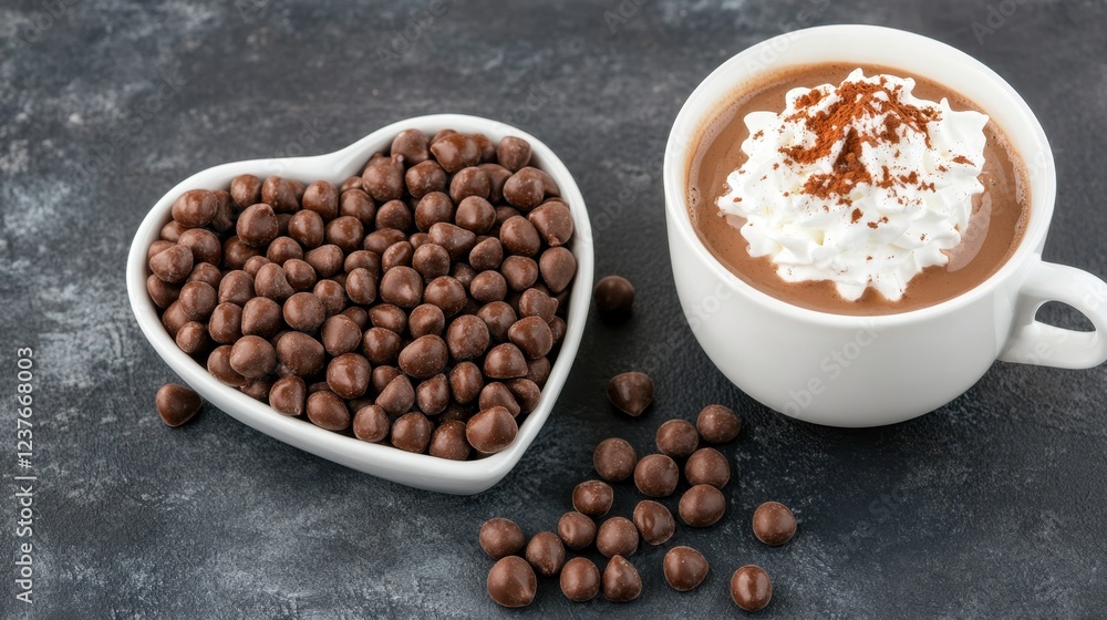 A heart-shaped bowl filled with chocolate balls beside a cup of hot chocolate topped with whipped cream and a sprinkle of cocoa. A heart-shaped bowl filled with chocolate balls beside a cup of hot chocolate topped with whipped cream and a sprinkle of cocoa.
