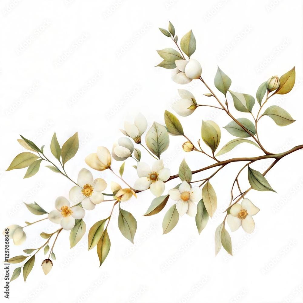 A white flower with green leaves. The flower is on a branch. The branch is on a stem A white flower with green leaves. The flower is on a branch. The branch is on a stem