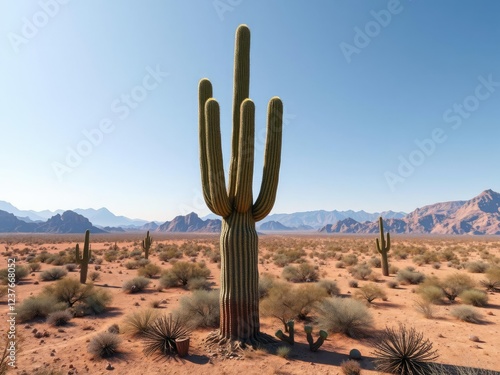 Obraz na płótnie Majestic saguaro cactus standing tall in a vast desert landscape with open skies and rugged terrain, open sky, wide open spaces, rugged terrain w salonie