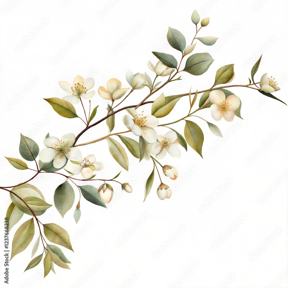 A white flower with green leaves. The flower is on a branch. The branch is on a stem A white flower with green leaves. The flower is on a branch. The branch is on a stem