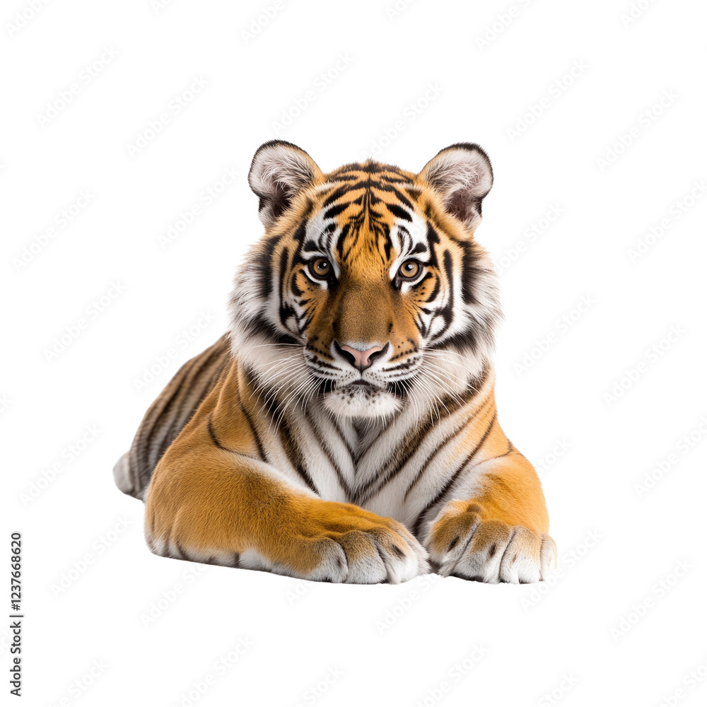 Obraz premium Majestic Bengal Tiger Cub Lying Down, Isolated on Transparent background