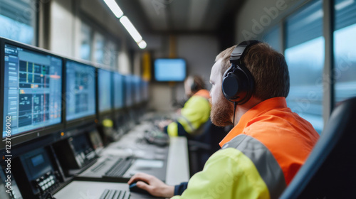 Efficient railway engineers monitor systems in control room, showcasing teamwork and technology. Their focus ensures smooth operations in dynamic environment