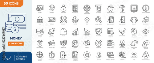 Money line editable icon set. Containing cash, saving, wallet, transfer, withdraw and more icons. Vector illustration