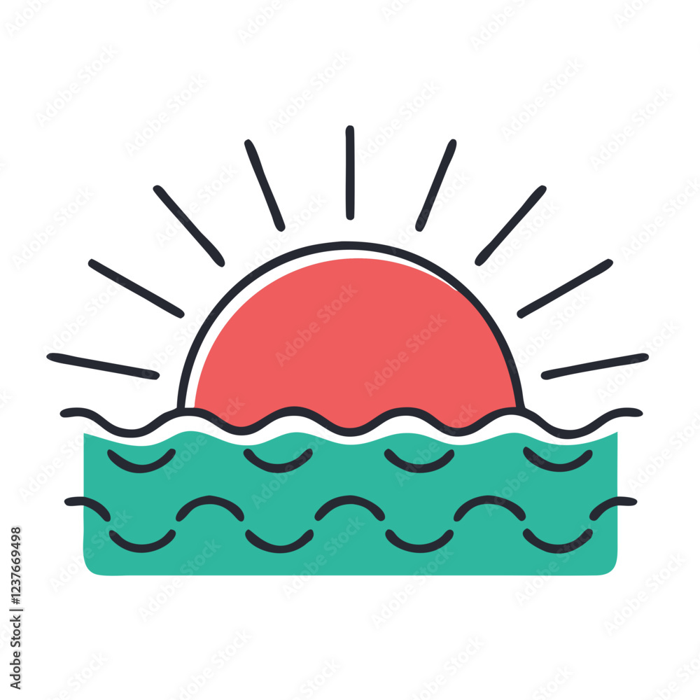 Sunset over ocean icon in flat style Sunset over ocean icon in flat style