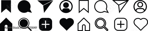 social media icon in flat line set. notification speech bubble for like share save comment buttons Camera Search Heart Home symbols vector for apps or website. isolated on transparent background