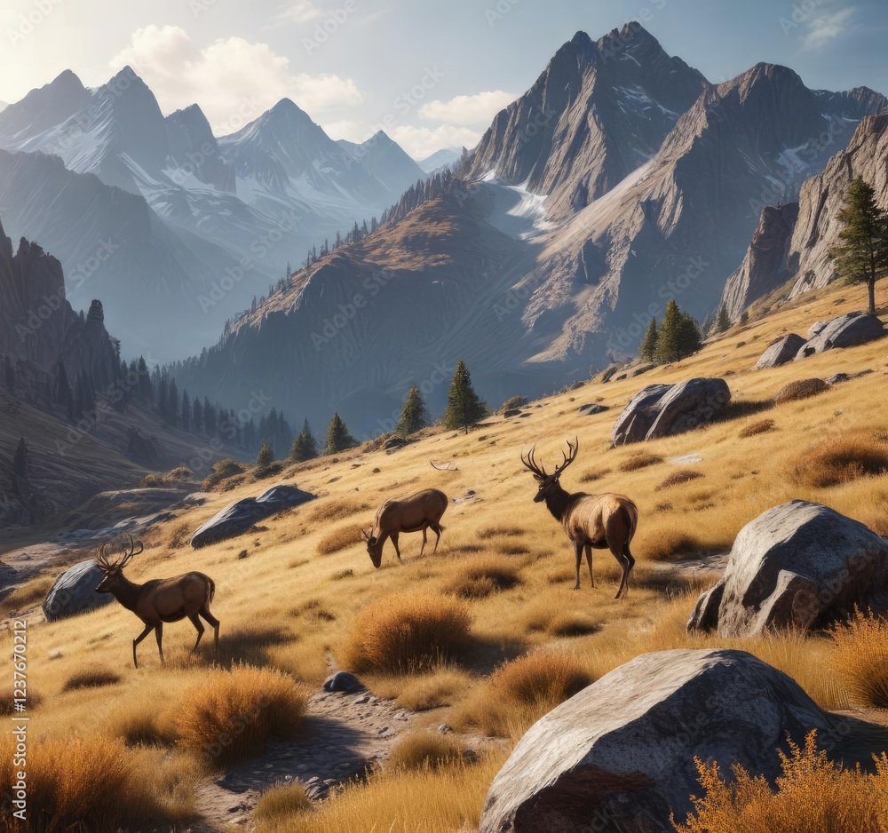 Fototapeta premium Mountain landscape with rugged terrain and wildlife such as deer or elk, nature, terrain, landscape, wildlife, hiking