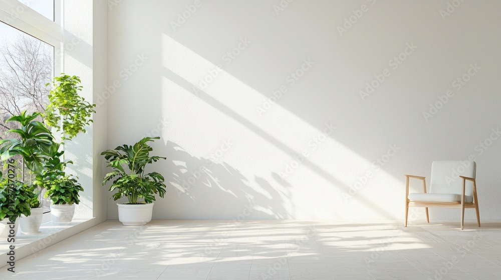 Fototapeta premium Bright Minimalist Room with White Walls and Green Plants