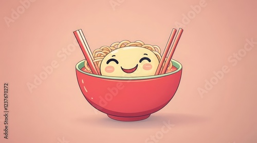 Happy Ramen Bowl: A cheerful cartoon ramen bowl with chopsticks smiling brightly, perfect for food blogs, social media posts, or any project needing a fun and playful touch.