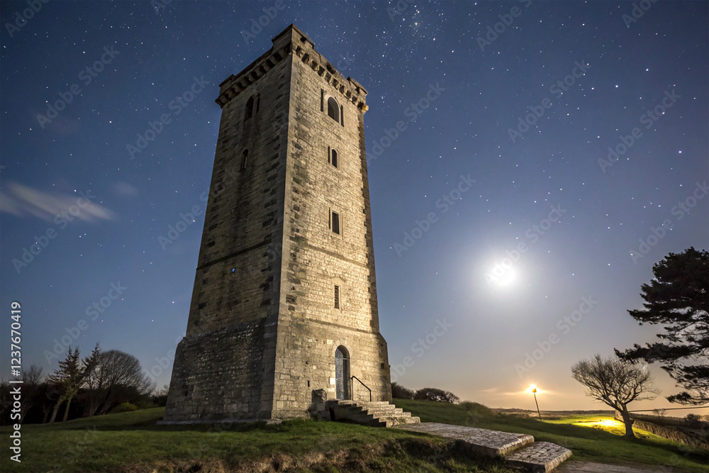 Moonlight illuminating an old stone tower Moonlight illuminating an old stone tower