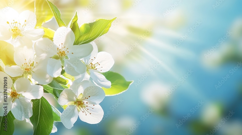 Obraz premium Beautiful white flowers basking in soft sunlight against a serene blue backdrop.