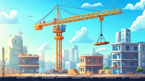 Construction Crane in Cityscape: A vibrant cartoon illustration depicting a yellow construction crane in a bustling city skyline. The crane is lifting a large metal beam.