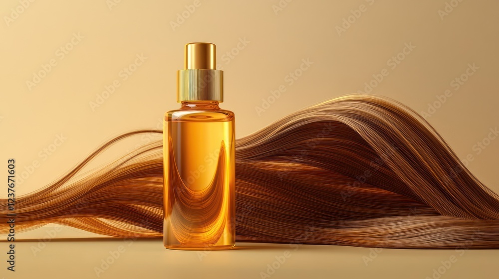 Fototapeta premium Golden hair oil bottle on flowing hair, beige background, cosmetic ad