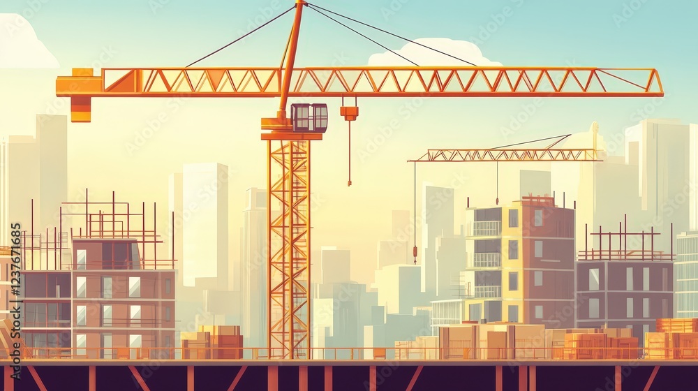 Obraz premium Construction Cranes Skyline: A captivating illustration depicts a bustling cityscape transformed into a construction zone, featuring towering cranes against a vibrant sunrise.