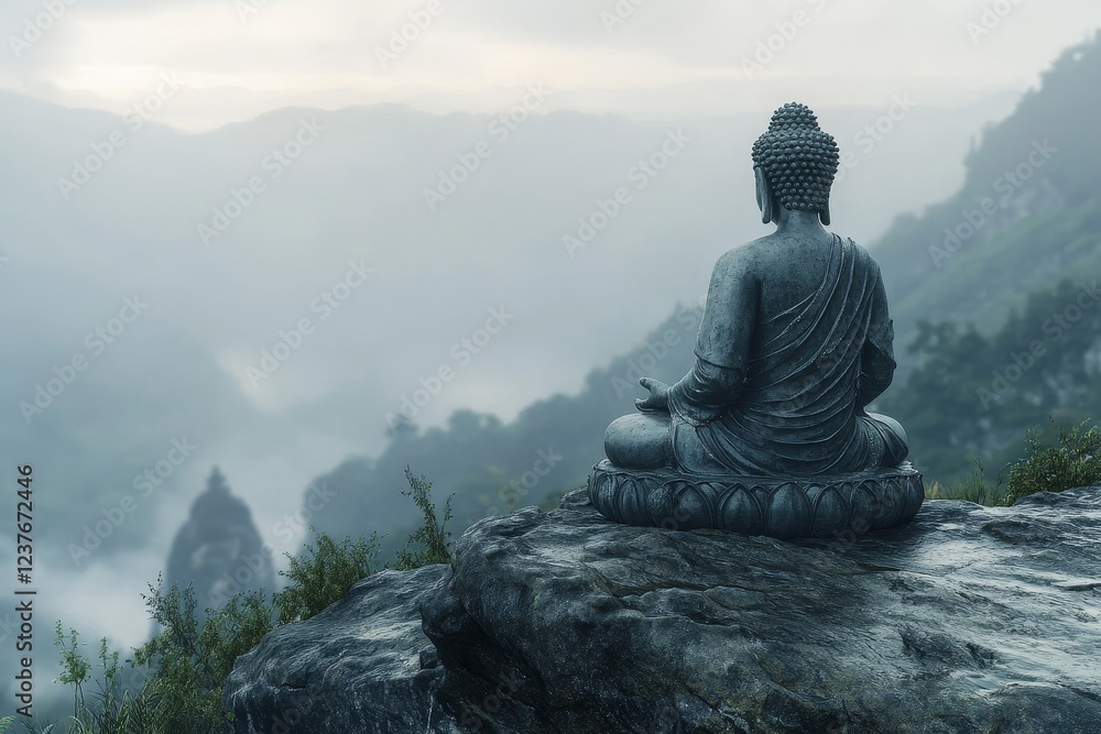 Buddha statue meditating mountaintop, misty valley background, serenity, spirituality Buddha statue meditating mountaintop, misty valley background, serenity, spirituality