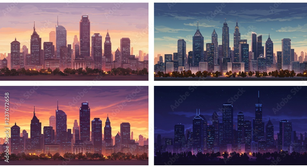 Obraz premium High-detail cityscape vector illustrations of urban skylines at different times of day