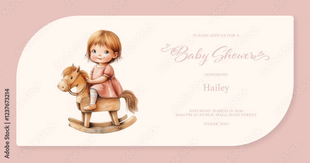 Baby Shower Invitation with Adorable Girl on Rocking Horse Illustration in Soft Pink Theme, Baby Shower Invitation Card Baby Shower Invitation with Adorable Girl on Rocking Horse Illustration in Soft Pink Theme, Baby Shower Invitation Card