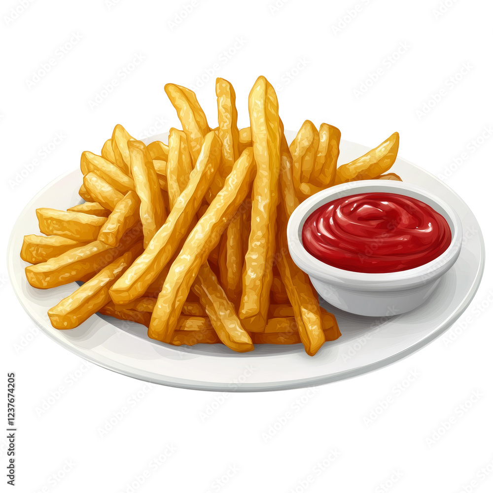 A plate of golden french fries served with a small bowl of ketchup. A plate of golden french fries served with a small bowl of ketchup.
