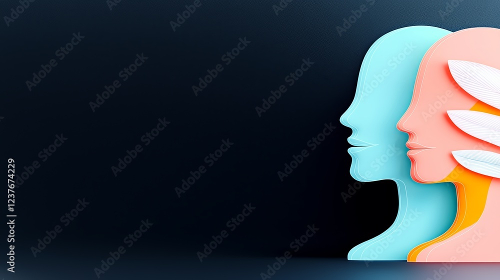 A minimalist design featuring profiles of two faces in pastel colors, representing duality, identity, and expression against a dark background. A minimalist design featuring profiles of two faces in pastel colors, representing duality, identity, and expression against a dark background.