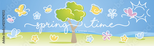 Hello Spring. Spring time. Handwritten typography lettering text. Line design with colorful spring elements on the beach with green grass background