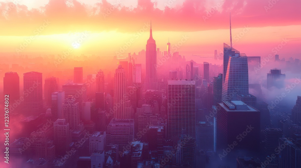 Fototapeta premium Manhattan Skyline Sunrise: A City in the Clouds