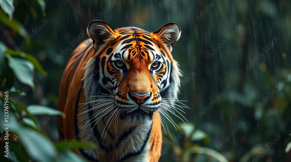 Obraz premium A tiger in the rain within a dense jungle setting