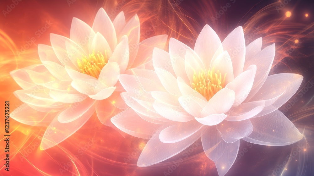 Radiant White Lotus Blossoms in Fiery Aura Radiant White Lotus Blossoms in Fiery Aura
