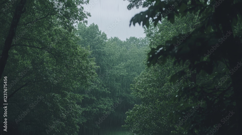 Fototapeta premium Rain Shower in Lush Green Forest Canopy