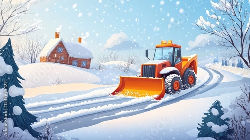 Winter Wonderland Snowplow: A cheerful cartoon-style illustration depicts a bright orange snowplow diligently clearing a snow-covered road.