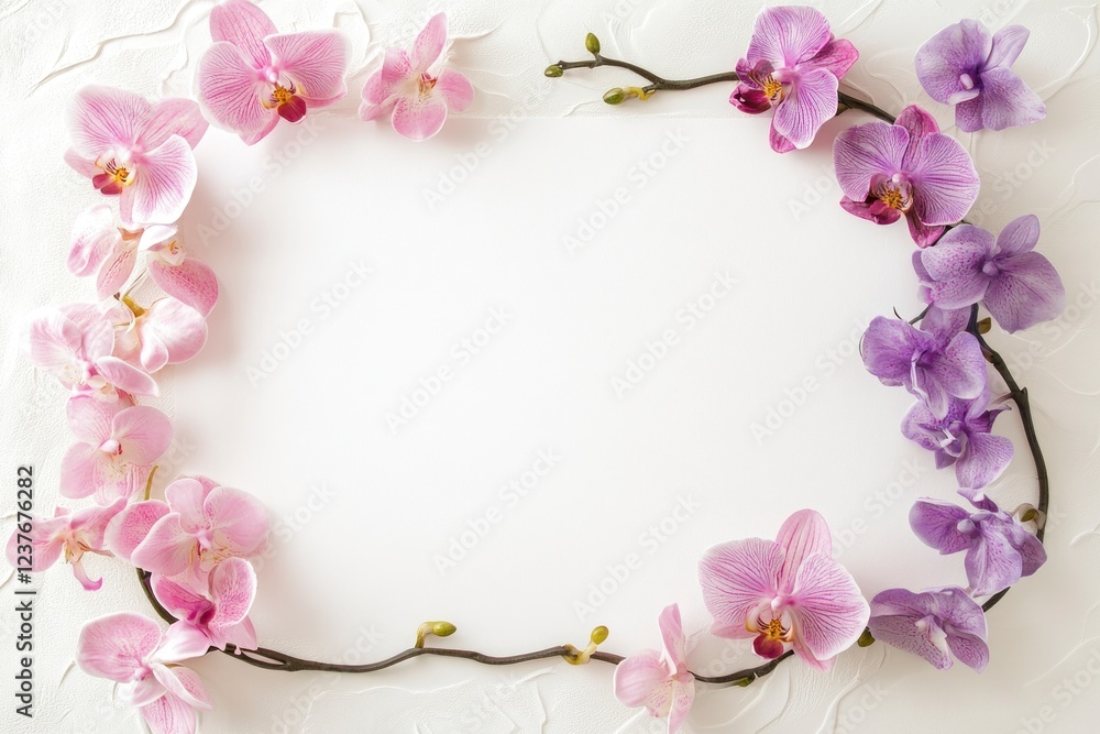 a blank sheet on the right side with pink and purple orchid flowers at each corner, white background, simple composition, feminine style, minimalist design, top view a blank sheet on the right side with pink and purple orchid flowers at each corner, white background, simple composition, feminine style, minimalist design, top view