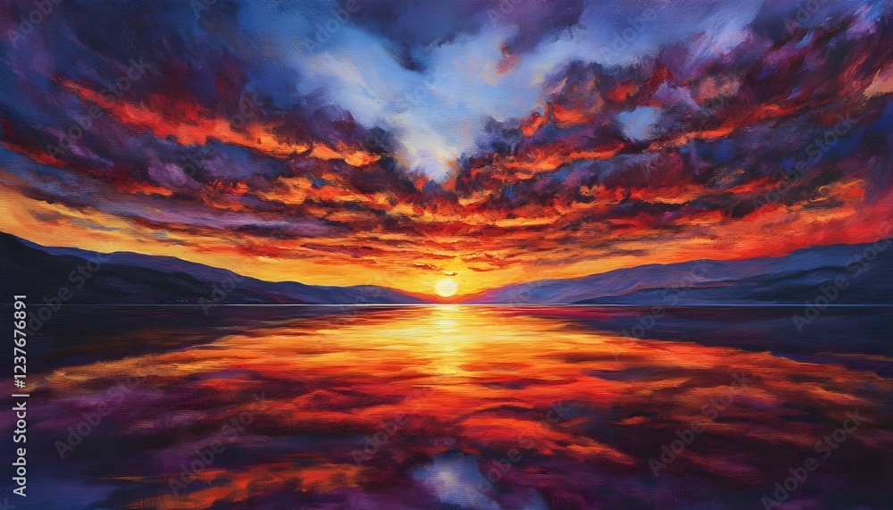 Fototapeta premium Fiery Sunset Over Calm Mountain Lake Reflecting Colors