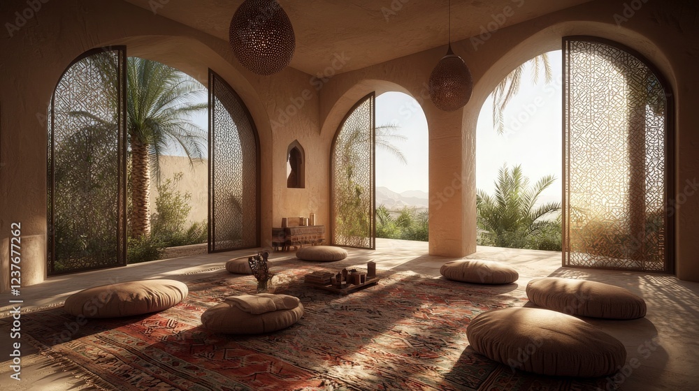 Fototapeta premium Serene Oasis Meditation Room with Desert View.