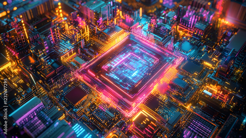 Naklejka premium A close-up view of a futuristic microchip illuminated with vibrant colors and intricate light patterns, symbolizing the core of artificial intelligence and advanced computing technology.